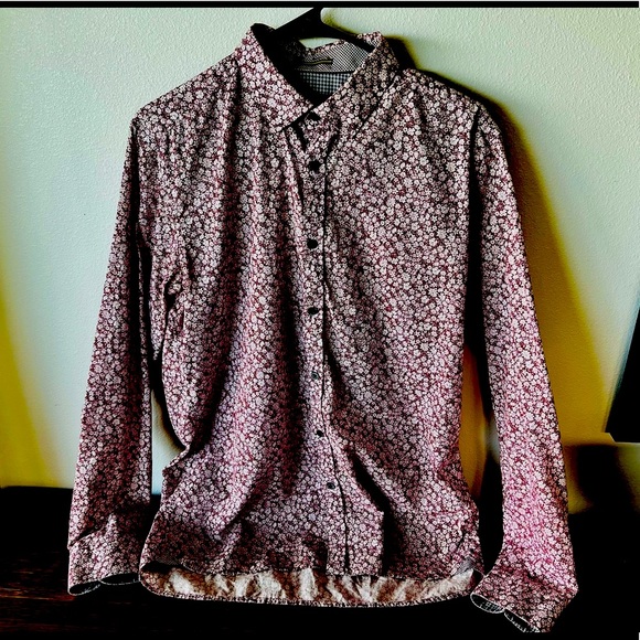 Ted Baker London Modern Fit Men’s Button Down Red Floral Pattern Flip Cuff Sz 16 - Picture 5 of 7